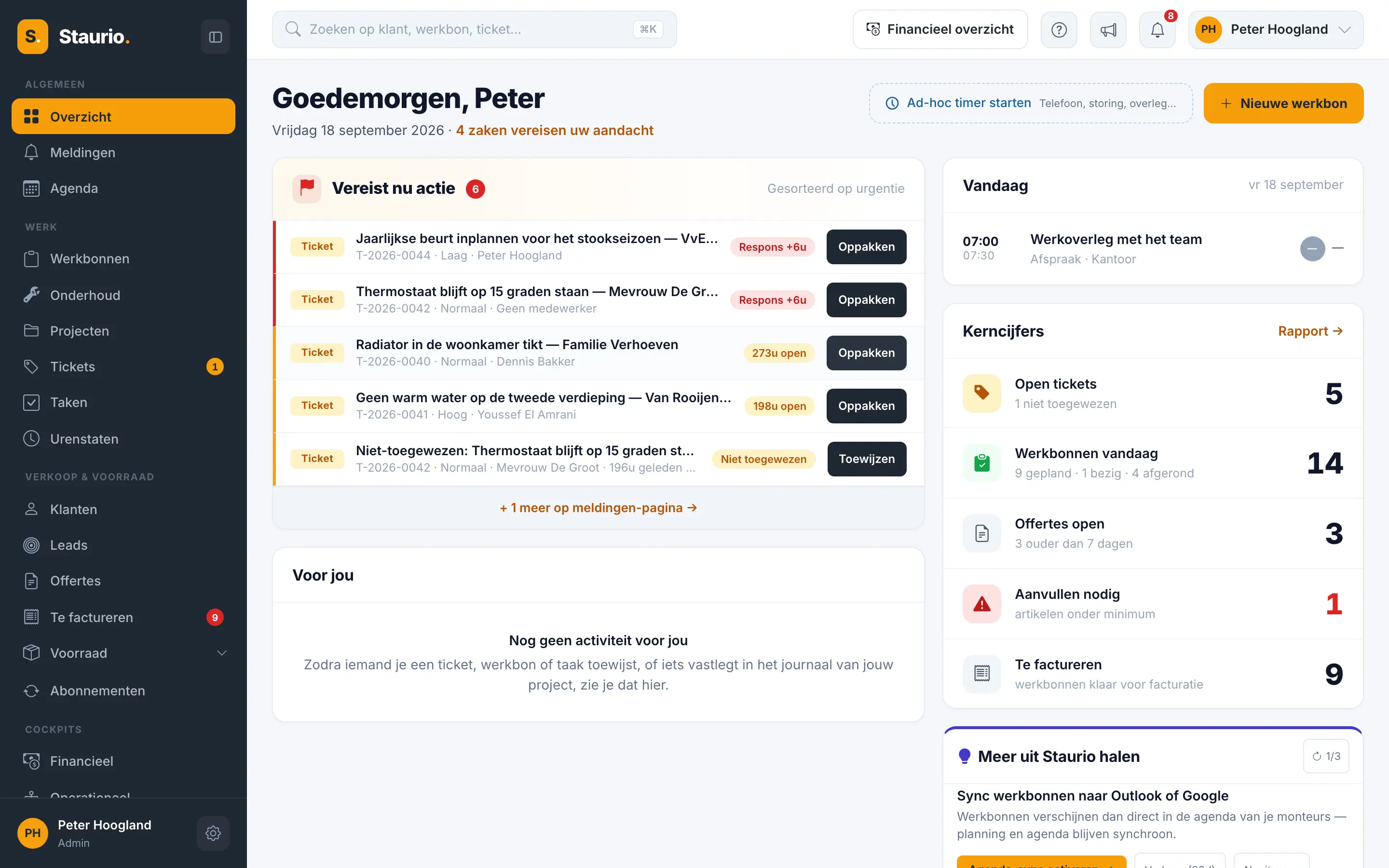 Het Staurio-dashboard met openstaande acties, de planning van vandaag en de gewerkte uren van deze week