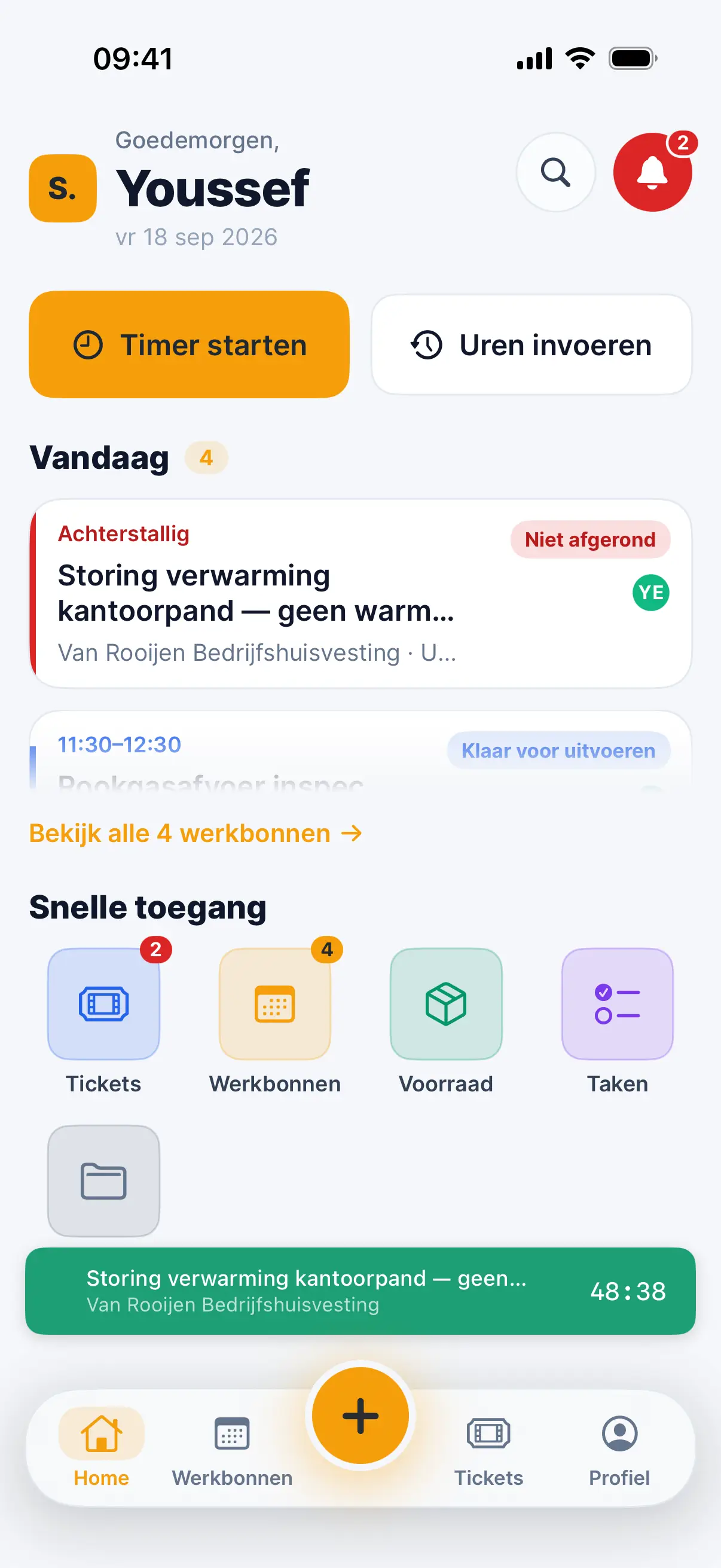 De Staurio-app op iPhone met het dagoverzicht van de monteur en snelkoppelingen