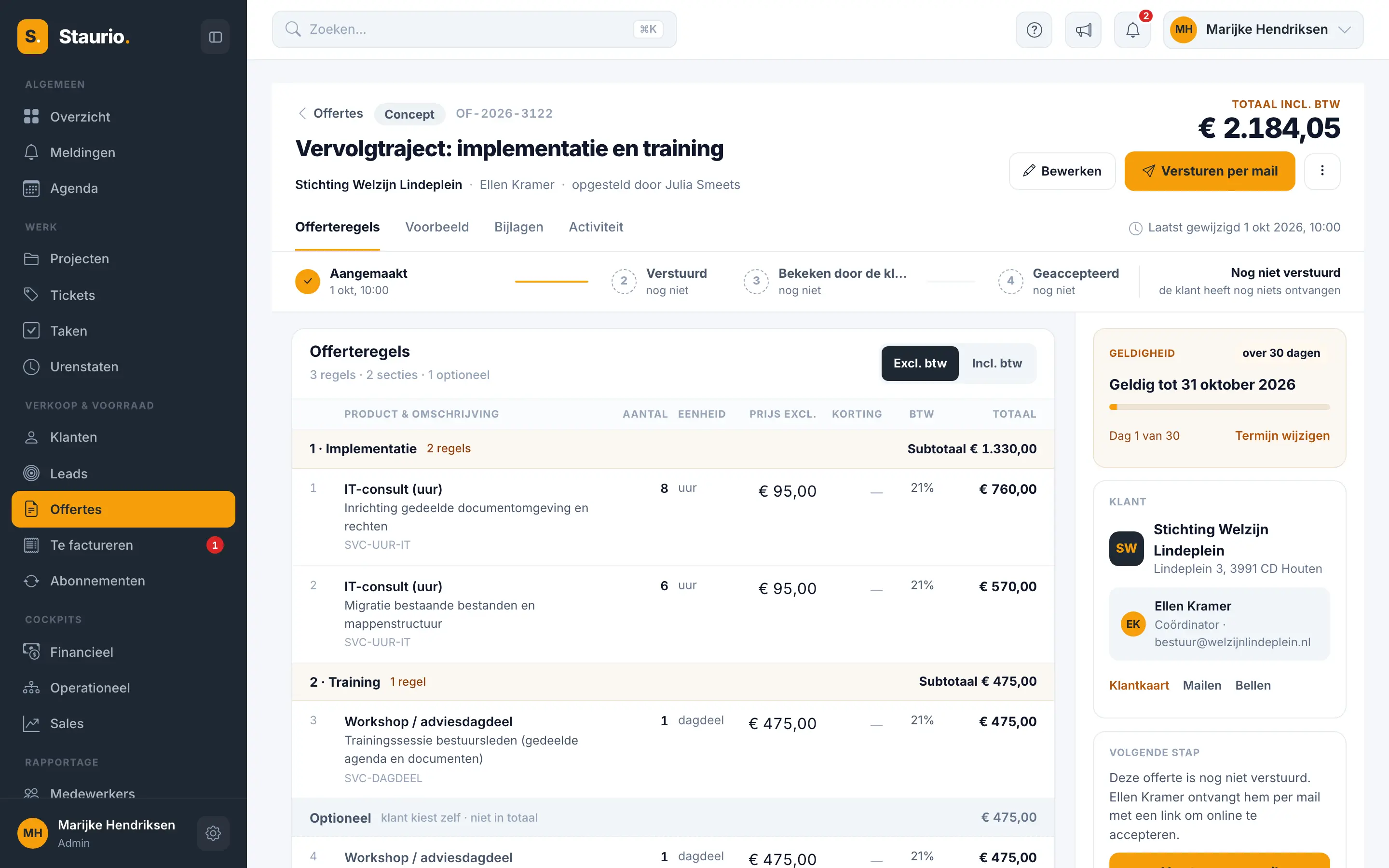 Een offerte in Staurio met een kopje per fase, regels in uren en in dagdelen, en een optionele regel waar de klant zelf voor kiest