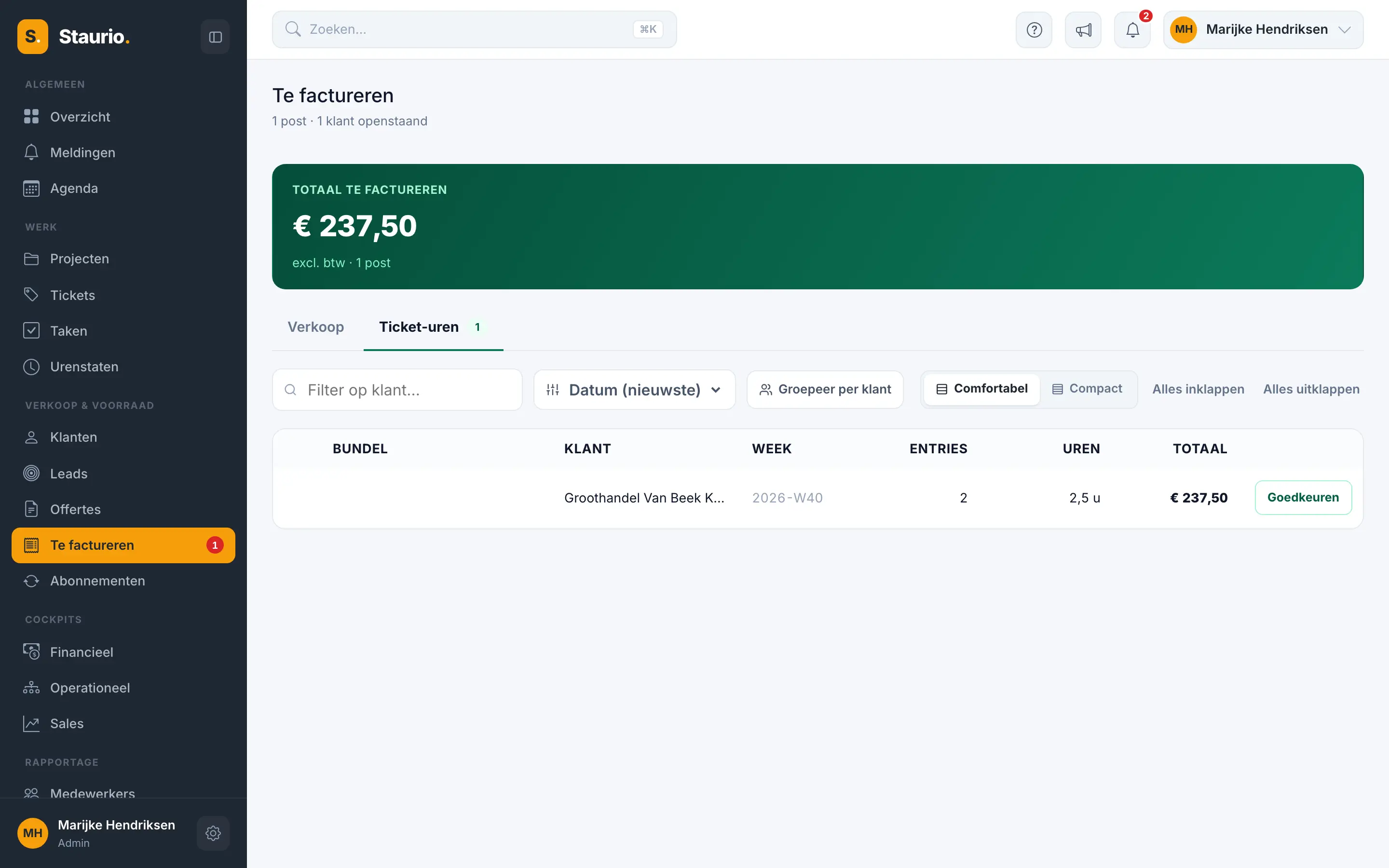 De lijst Te factureren in Staurio met de ticketuren van een week, gebundeld per klant
