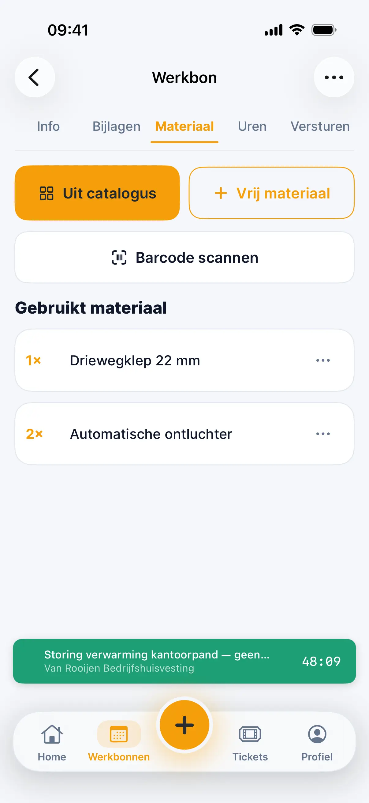 Een werkbon in de Staurio-app met een lopende timer en het gebruikte materiaal