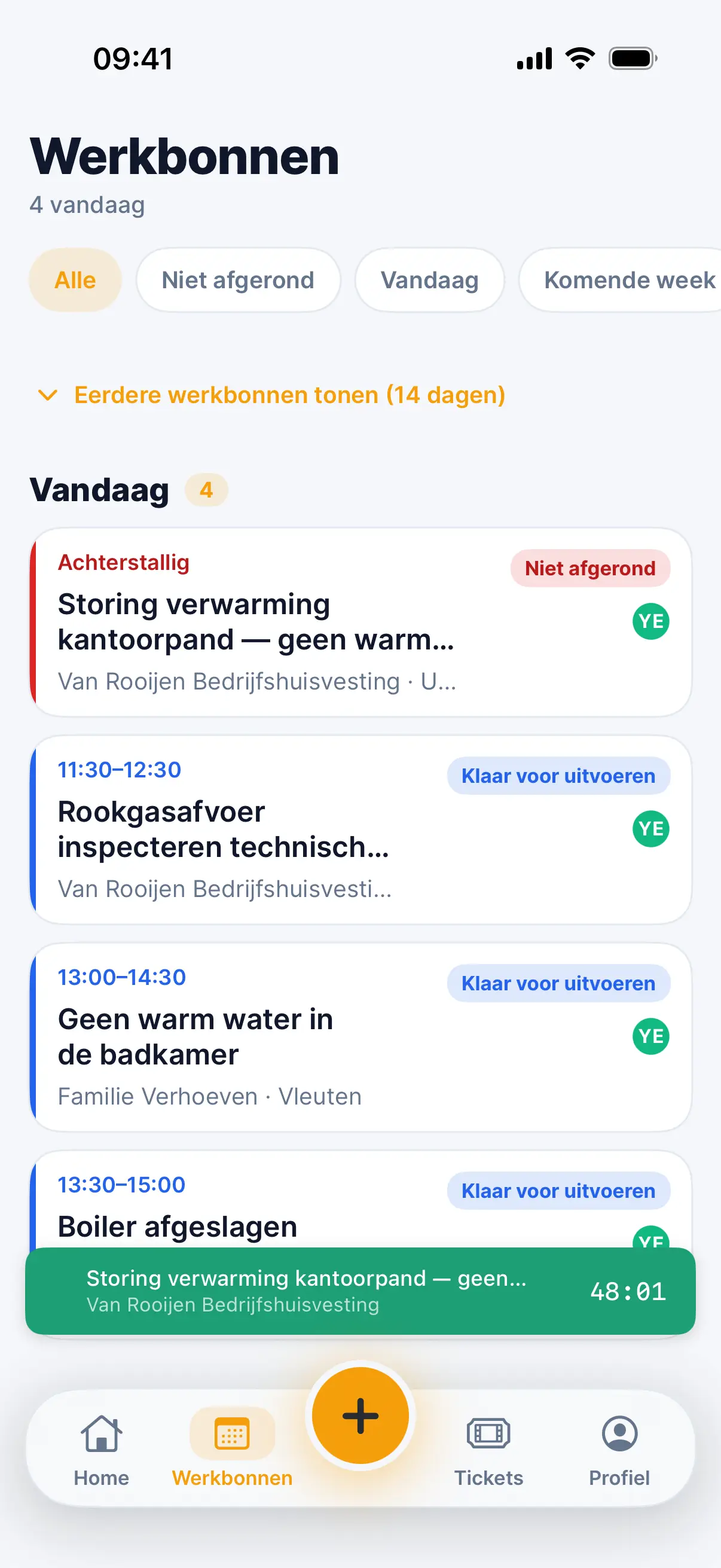 De werkbonnenlijst in de Staurio-app met de bonnen van vandaag en hun status